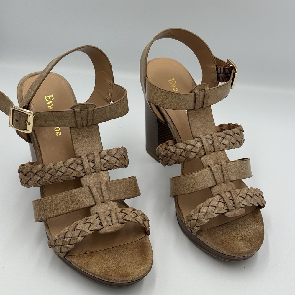 Eva & Zoe Tan 4"‎ Square Braided Sandals Size 7